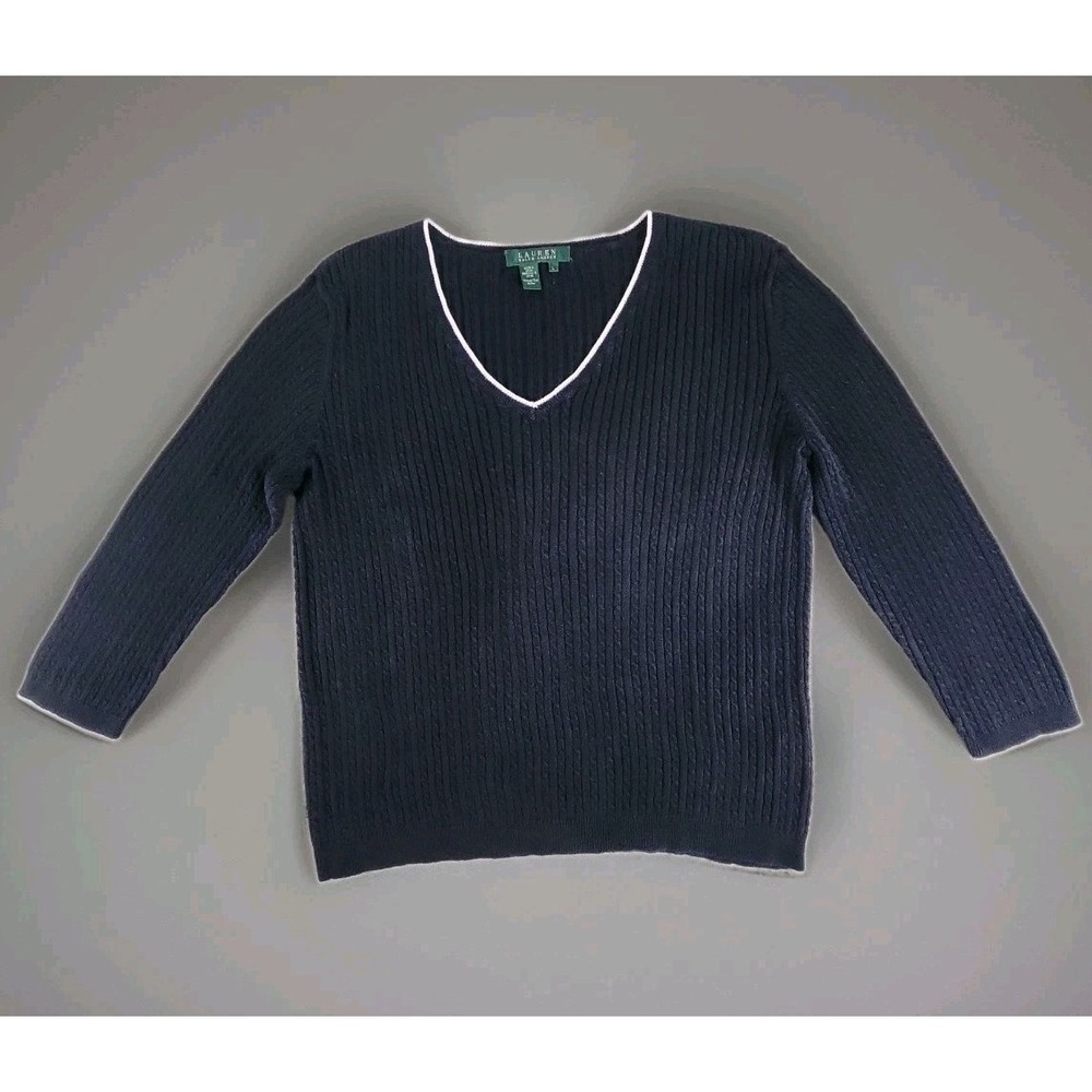 Lauren Ralph Lauren Black White Trim Cable Knit V-Neck Sweater Large L Cotton